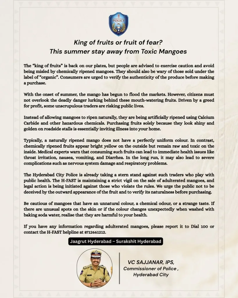 Commissioner VC Sajjanar's official letter warning about toxic mangoes in Hyderabad